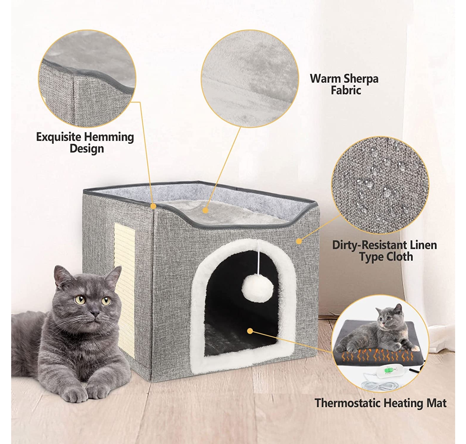 Heated Cat House, Heating Cat Houses for Indoor Outdoor Kitty with Heating Pad, Foldable Heated Kitty House Cat Shelter for Your Pet to Stay Warm and Cozy