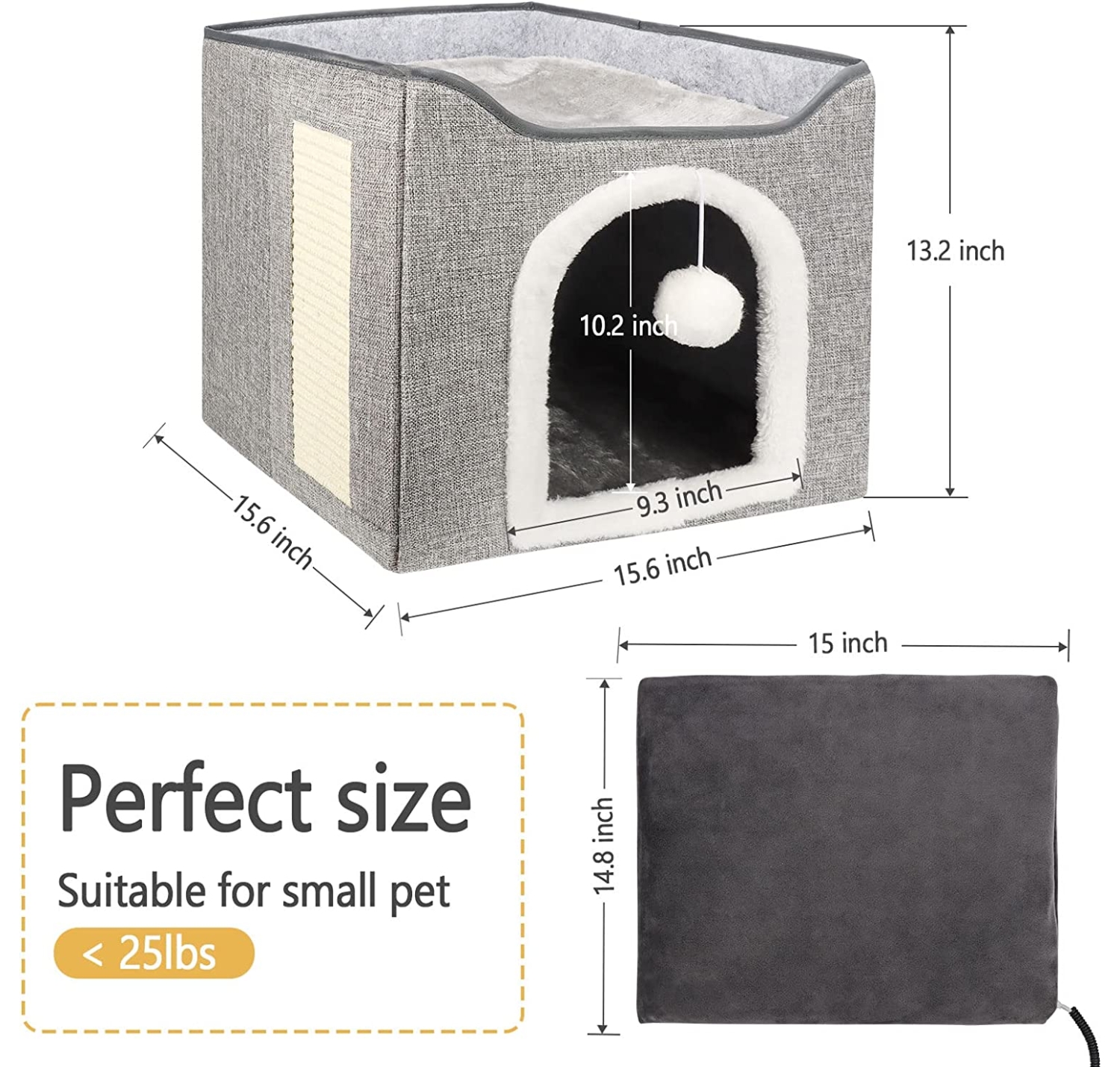 Heated Cat House, Heating Cat Houses for Indoor Outdoor Kitty with Heating Pad, Foldable Heated Kitty House Cat Shelter for Your Pet to Stay Warm and Cozy