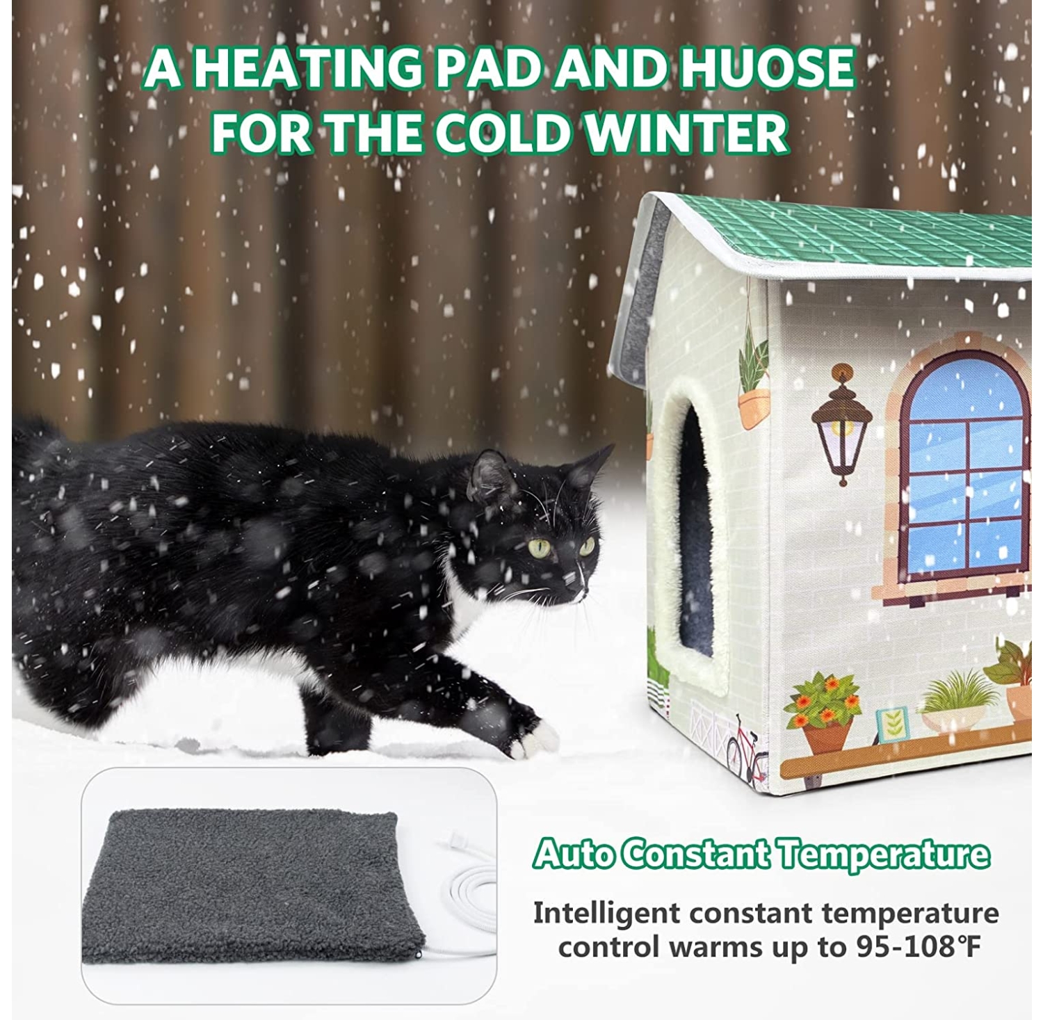 Heated Cat Houses for Indoor Cats,Outdoor Weatherproof Cat House with Heated Pet Pad, Providing Safe Feral Outdoor Cat House for Cats Easy to Assemble Cat Shelter